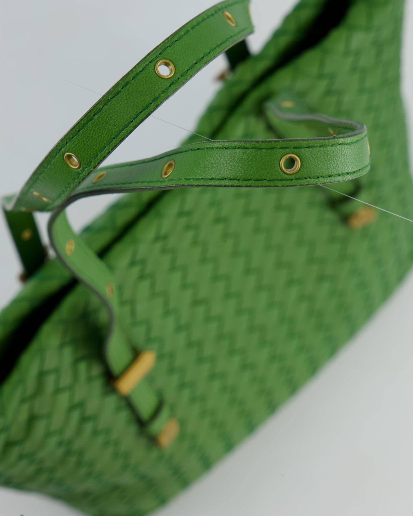 Vintage Bottega Veneta Small Parachute Bag in Green Intrecciato Leather with Gold Hardware