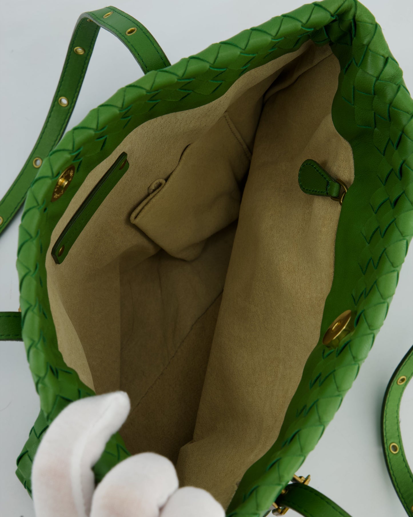 Vintage Bottega Veneta Small Parachute Bag in Green Intrecciato Leather with Gold Hardware