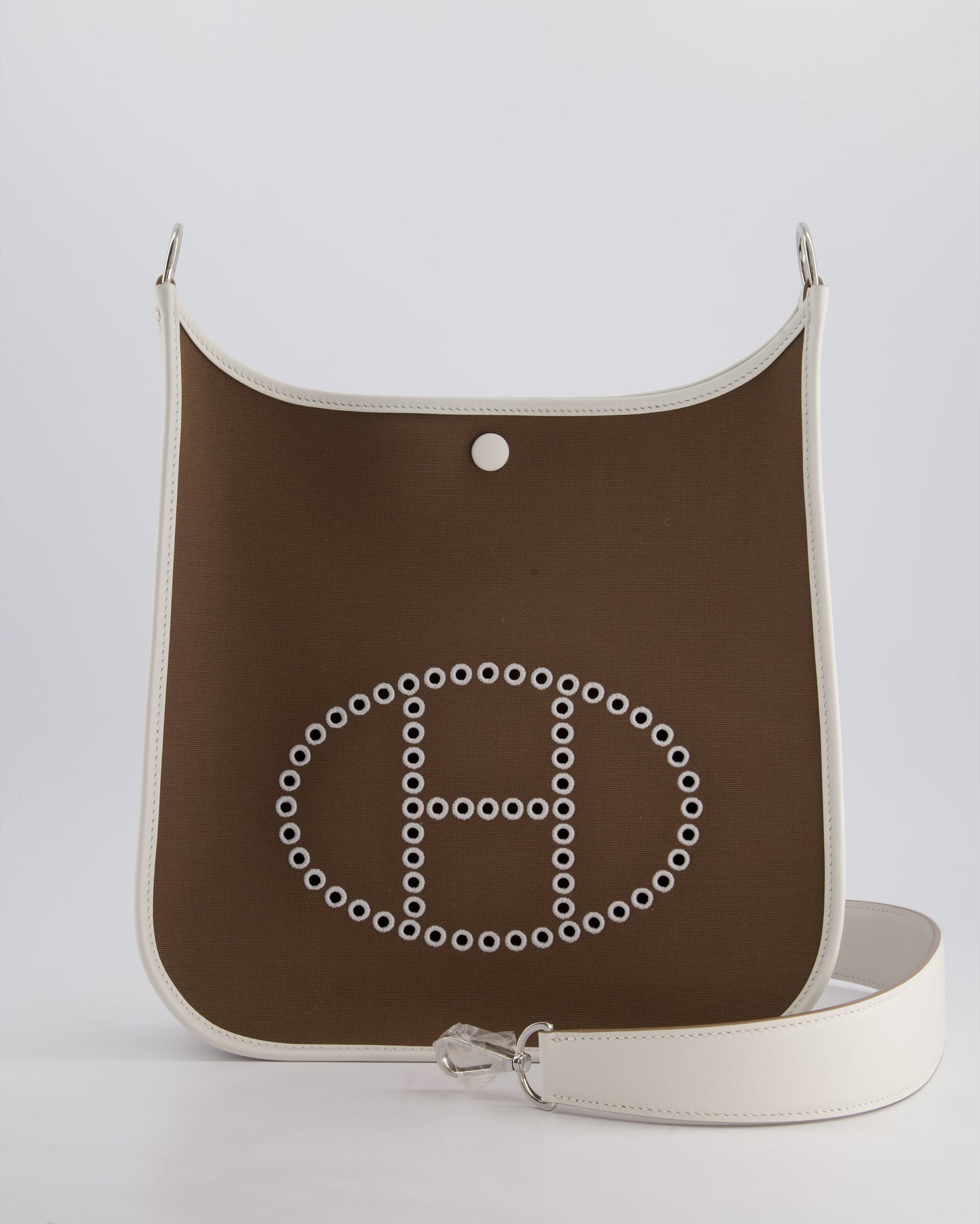 Hermes Evelyne 29cm in Neo Etoupe Canvas and White with Palladium Hardware