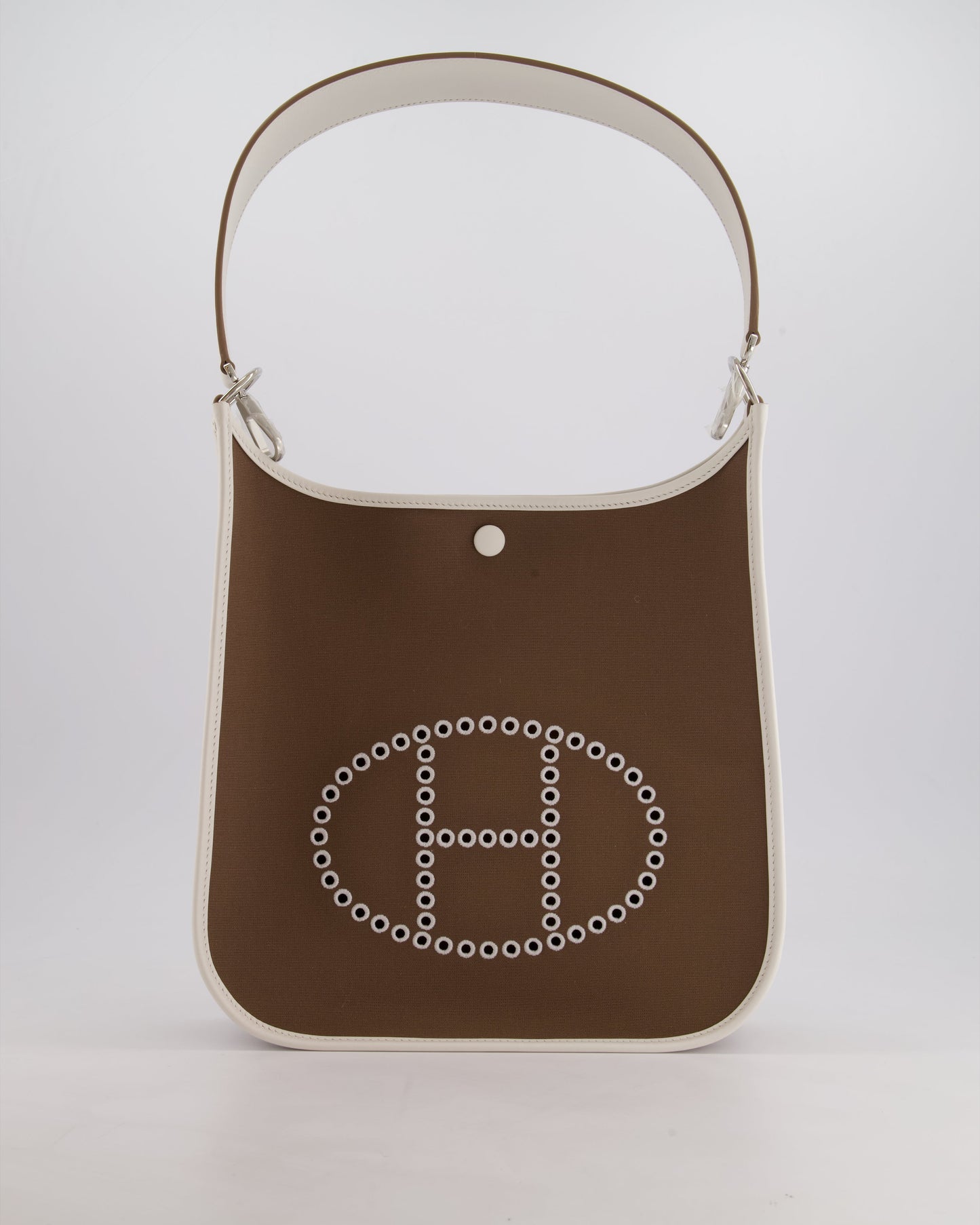 Hermes Evelyne 29cm in Neo Etoupe Canvas and White with Palladium Hardware