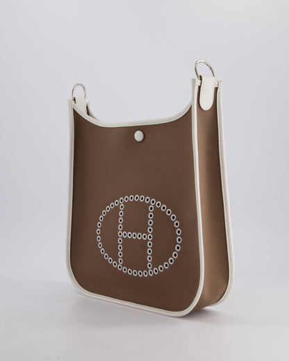 Hermes Evelyne 29cm in Neo Etoupe Canvas and White with Palladium Hardware