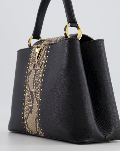 Louis Vuitton Capucines MM Bag in Black Leather and Beige Python Leather with Gold Hardware