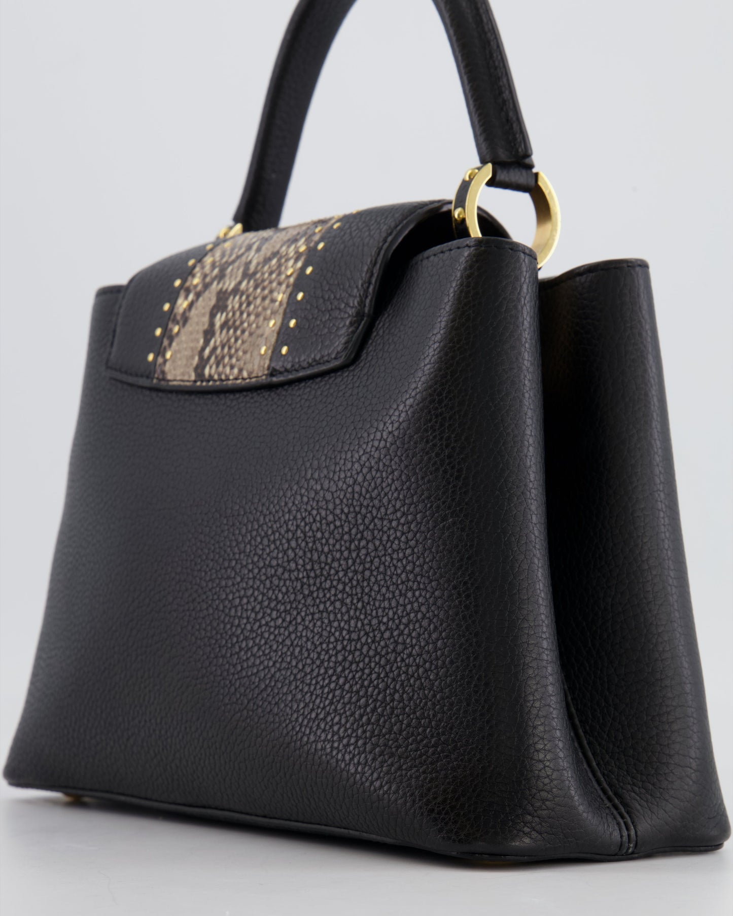 Louis Vuitton Capucines MM Bag in Black Leather and Beige Python Leather with Gold Hardware