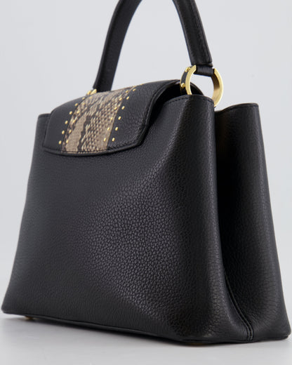 Louis Vuitton Capucines MM Bag in Black Leather and Beige Python Leather with Gold Hardware