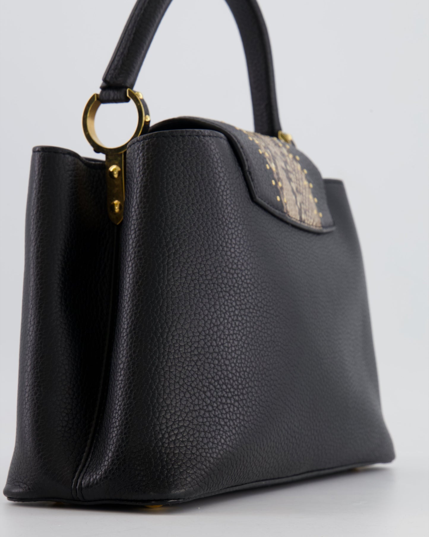 Louis Vuitton Capucines MM Bag in Black Leather and Beige Python Leather with Gold Hardware