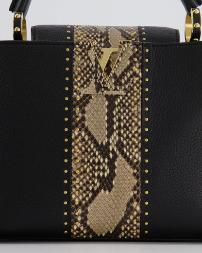 Louis Vuitton Capucines MM Bag in Black Leather and Beige Python Leather with Gold Hardware