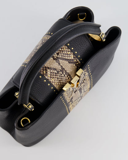Louis Vuitton Capucines MM Bag in Black Leather and Beige Python Leather with Gold Hardware