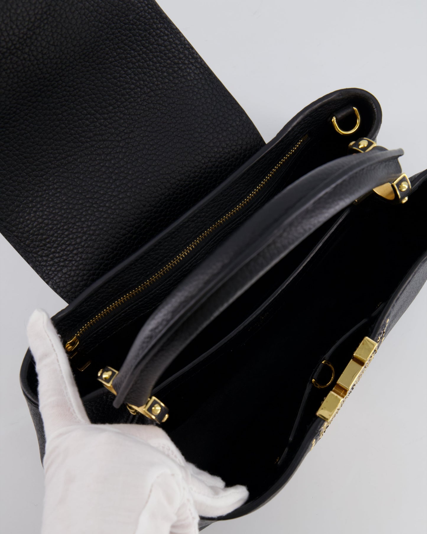 Louis Vuitton Capucines MM Bag in Black Leather and Beige Python Leather with Gold Hardware