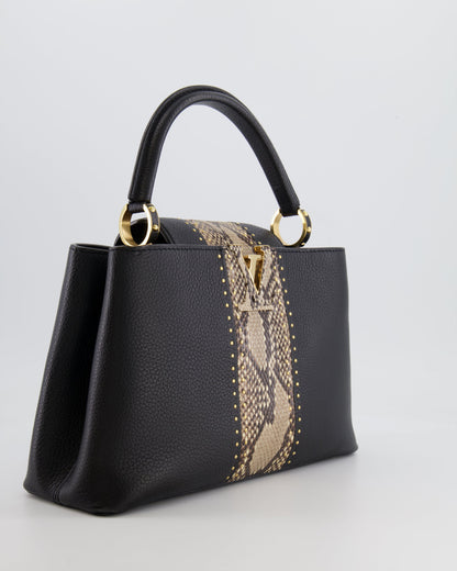 Louis Vuitton Capucines MM Bag in Black Leather and Beige Python Leather with Gold Hardware