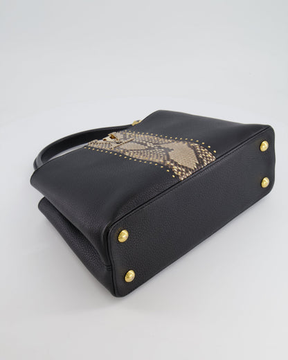 Louis Vuitton Capucines MM Bag in Black Leather and Beige Python Leather with Gold Hardware