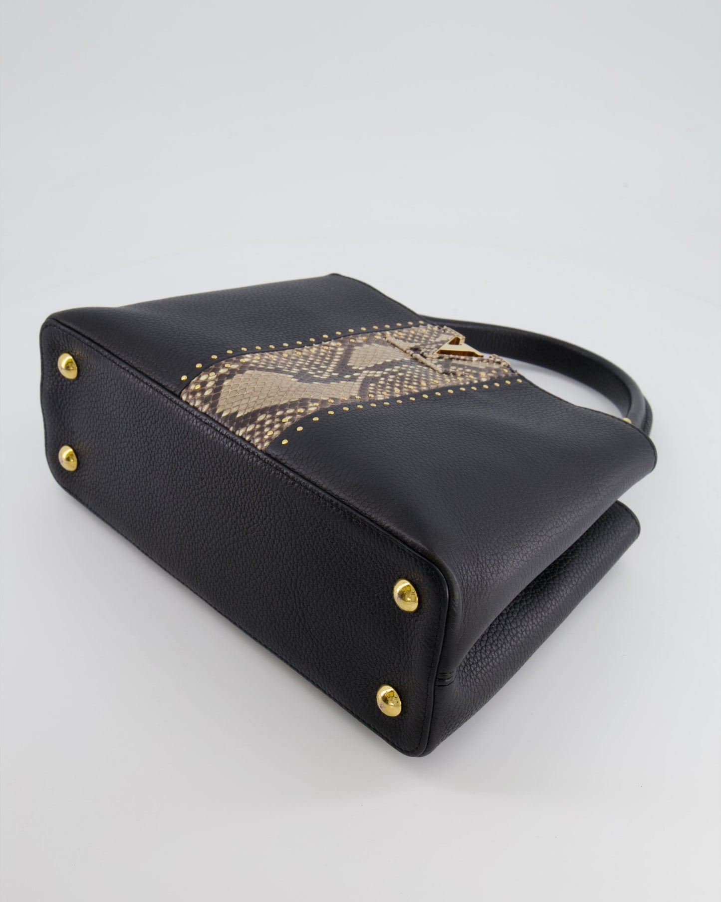 Louis Vuitton Capucines MM Bag in Black Leather and Beige Python Leather with Gold Hardware
