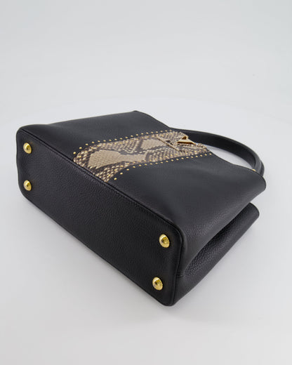 Louis Vuitton Capucines MM Bag in Black Leather and Beige Python Leather with Gold Hardware
