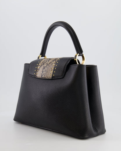 Louis Vuitton Capucines MM Bag in Black Leather and Beige Python Leather with Gold Hardware