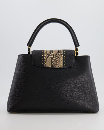 Louis Vuitton Capucines MM Bag in Black Leather and Beige Python Leather with Gold Hardware