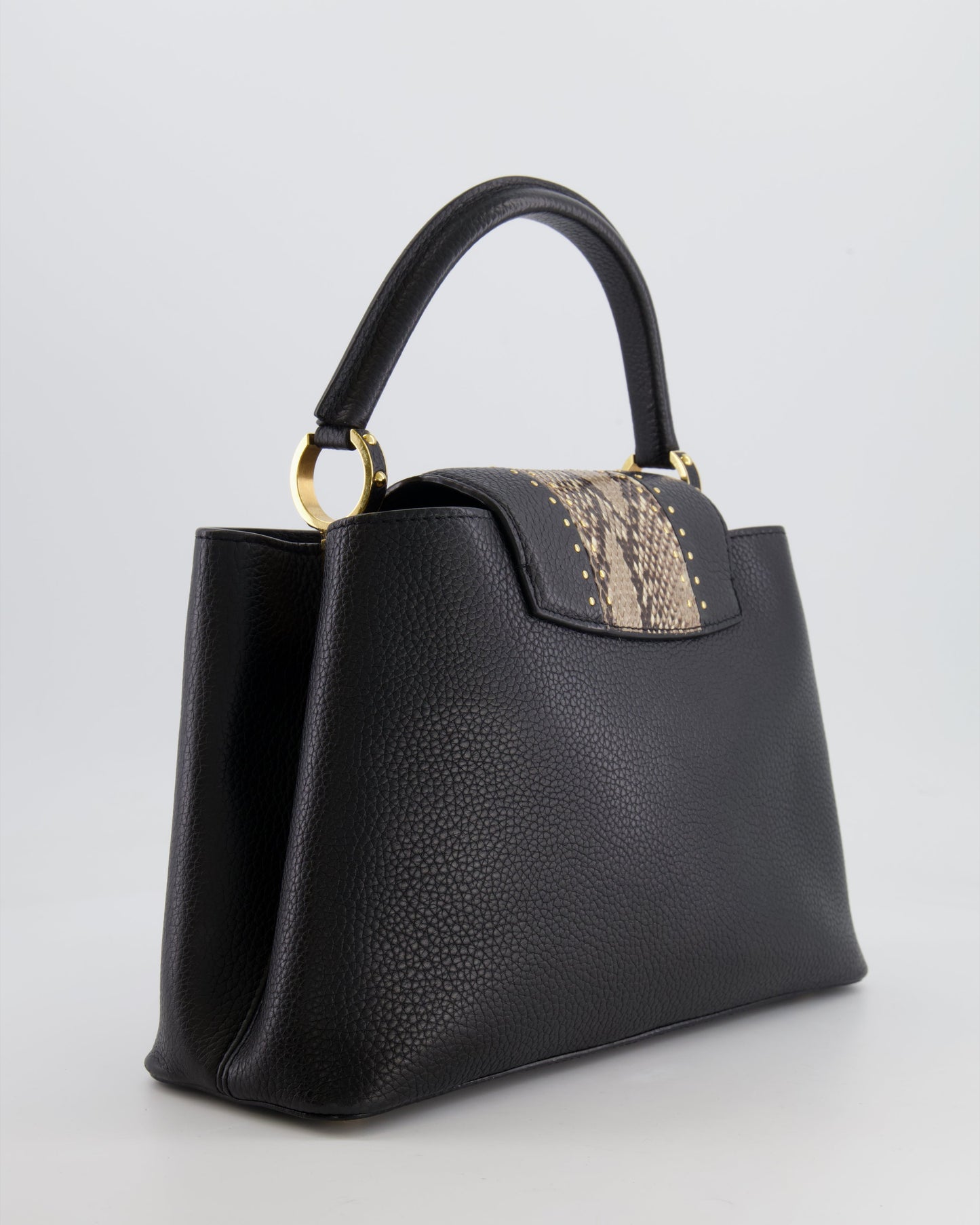 Louis Vuitton Capucines MM Bag in Black Leather and Beige Python Leather with Gold Hardware