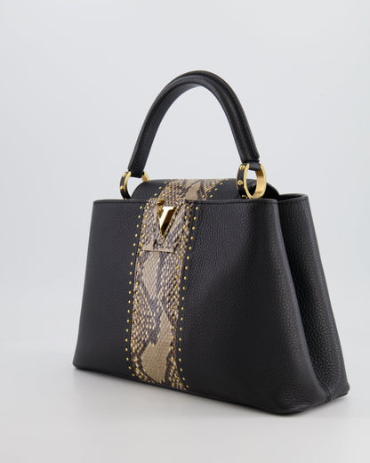 Louis Vuitton Capucines MM Bag in Black Leather and Beige Python Leather with Gold Hardware