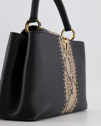 Louis Vuitton Capucines MM Bag in Black Leather and Beige Python Leather with Gold Hardware