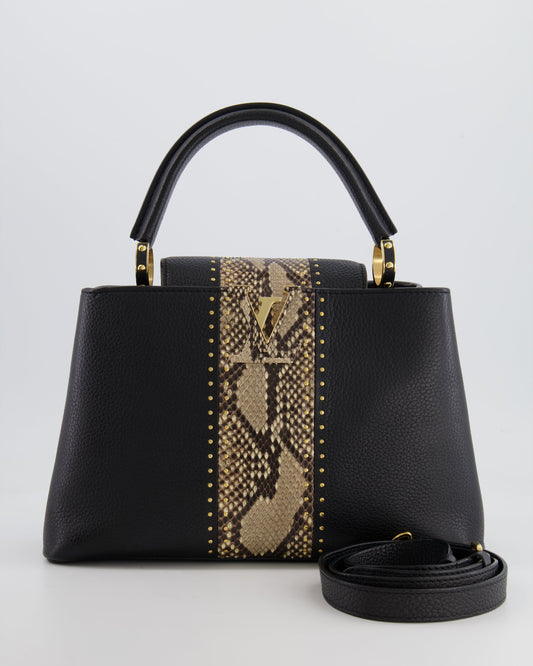 Louis Vuitton Capucines MM Bag in Black Leather and Beige Python Leather with Gold Hardware