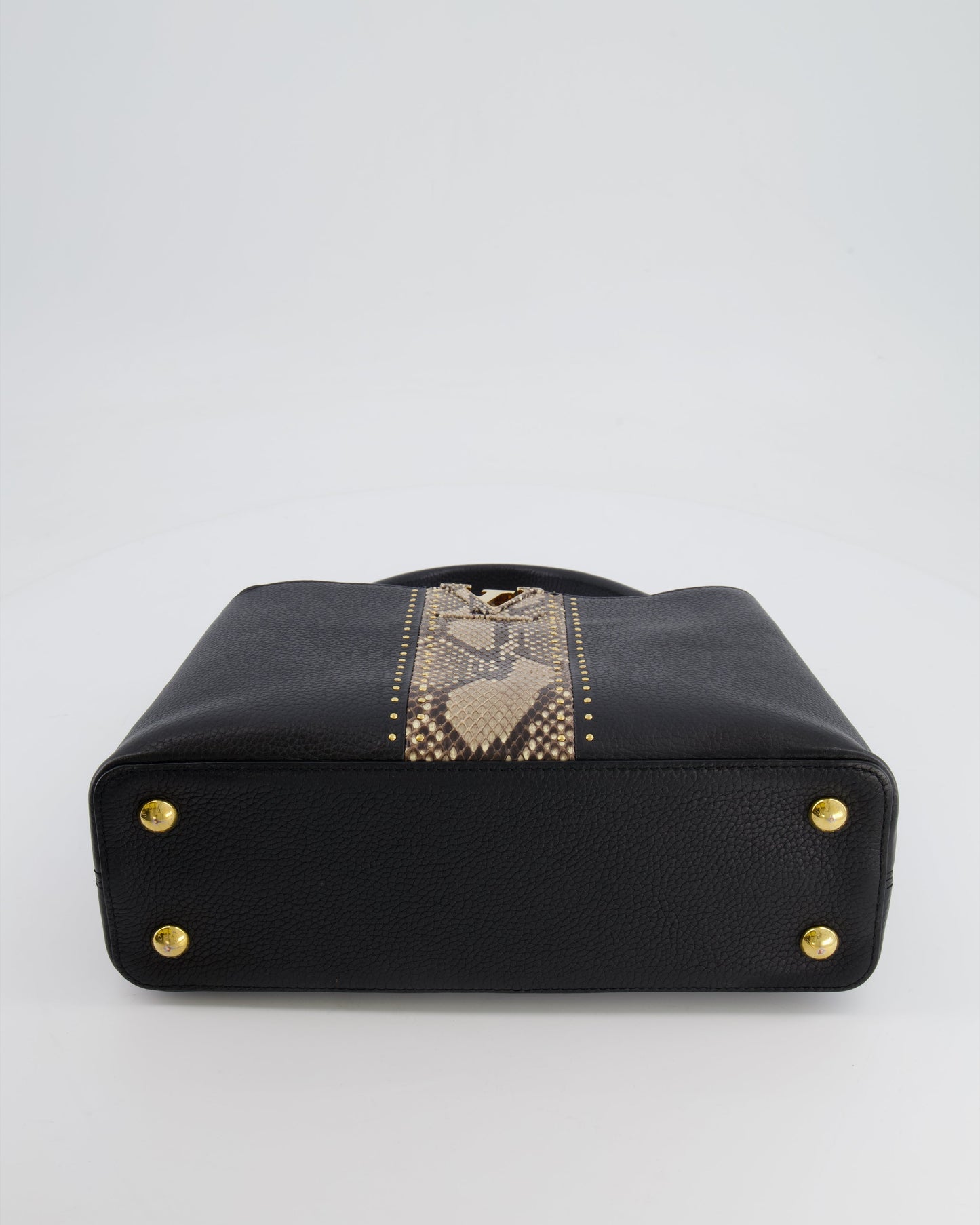 Louis Vuitton Capucines MM Bag in Black Leather and Beige Python Leather with Gold Hardware
