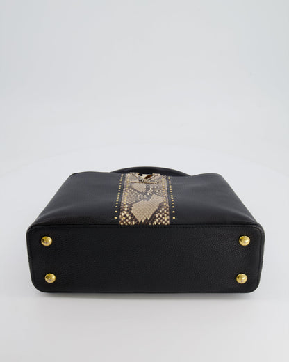 Louis Vuitton Capucines MM Bag in Black Leather and Beige Python Leather with Gold Hardware