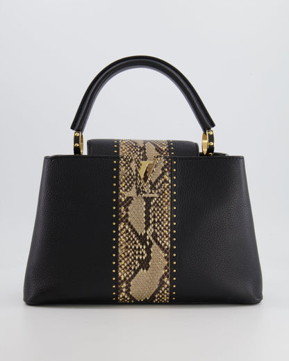 Louis Vuitton Capucines MM Bag in Black Leather and Beige Python Leather with Gold Hardware