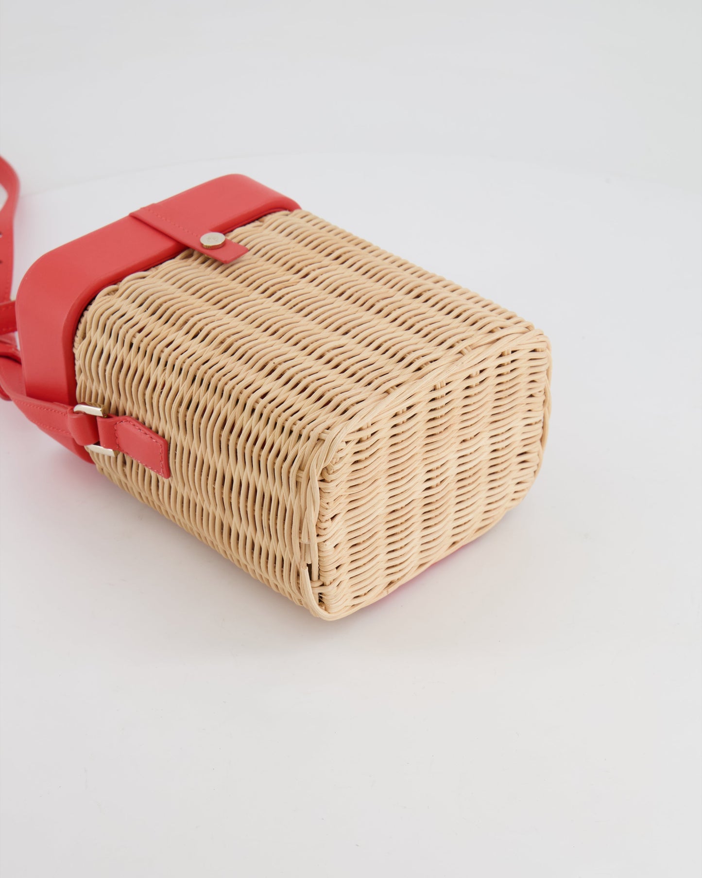 Loro Piana Pink Lambskin Leather and Wicker Crossbody Bucket Bag with Silver Hardware