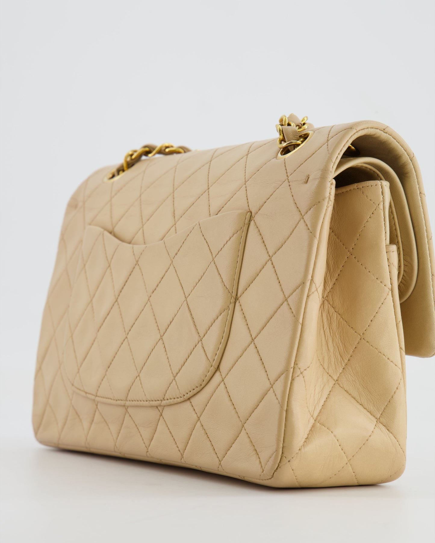 Chanel Vintage Beige Classic Medium Double Flap Bag in Lambskin Leather with 24k Gold Hardware