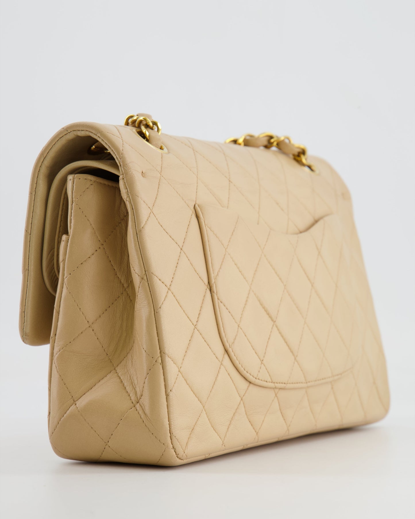Chanel Vintage Beige Classic Medium Double Flap Bag in Lambskin Leather with 24k Gold Hardware