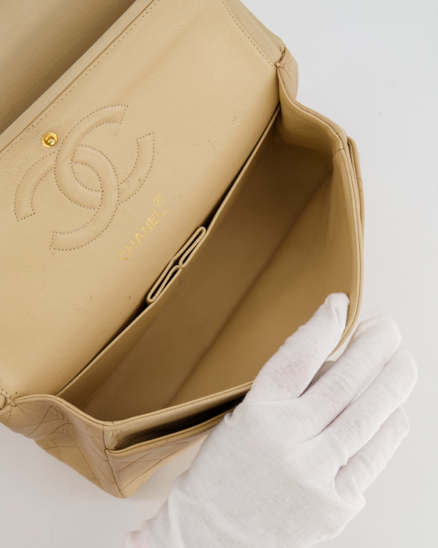 Chanel Vintage Beige Classic Medium Double Flap Bag in Lambskin Leather with 24k Gold Hardware