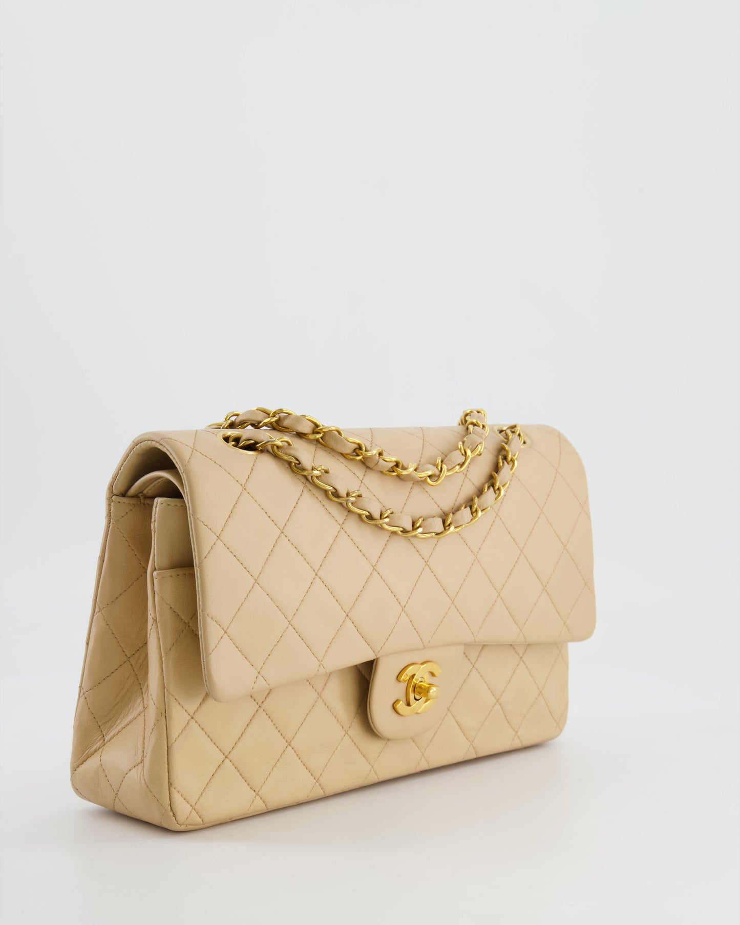Chanel Vintage Beige Classic Medium Double Flap Bag in Lambskin Leather with 24k Gold Hardware