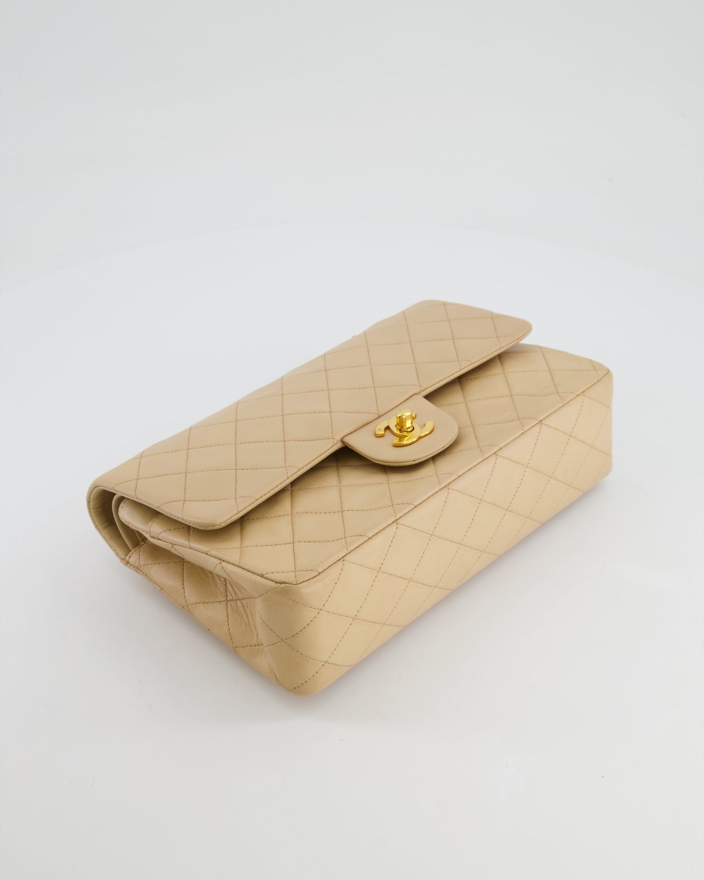 Chanel Vintage Beige Classic Medium Double Flap Bag in Lambskin Leather with 24k Gold Hardware