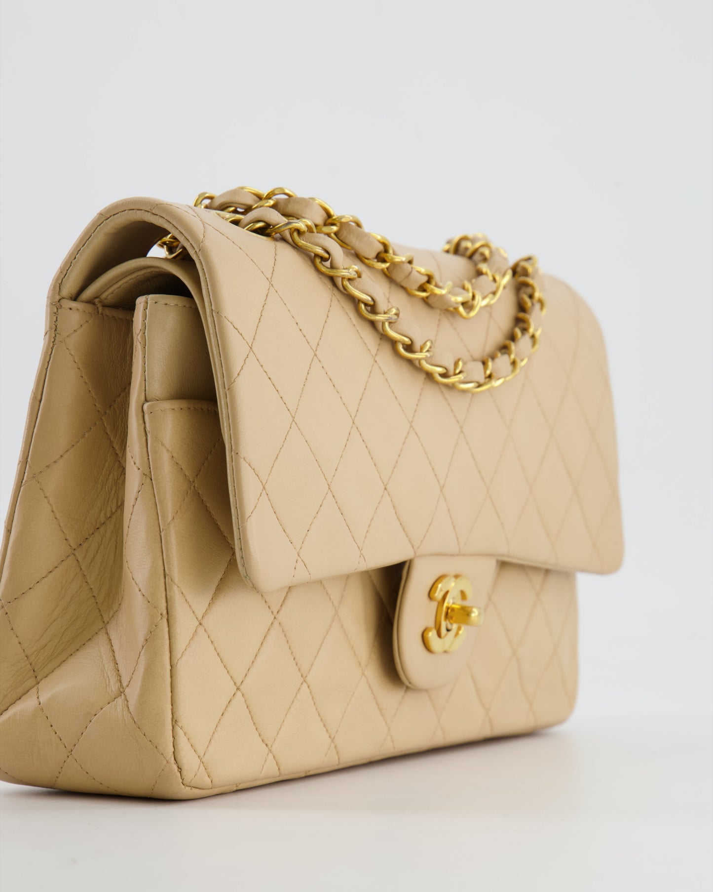 Chanel Vintage Beige Classic Medium Double Flap Bag in Lambskin Leather with 24k Gold Hardware