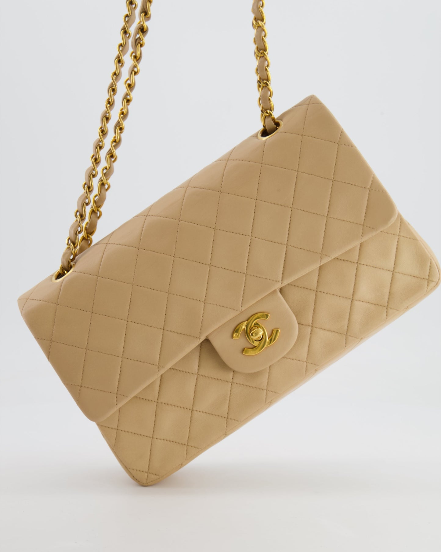 Chanel Vintage Beige Classic Medium Double Flap Bag in Lambskin Leather with 24k Gold Hardware
