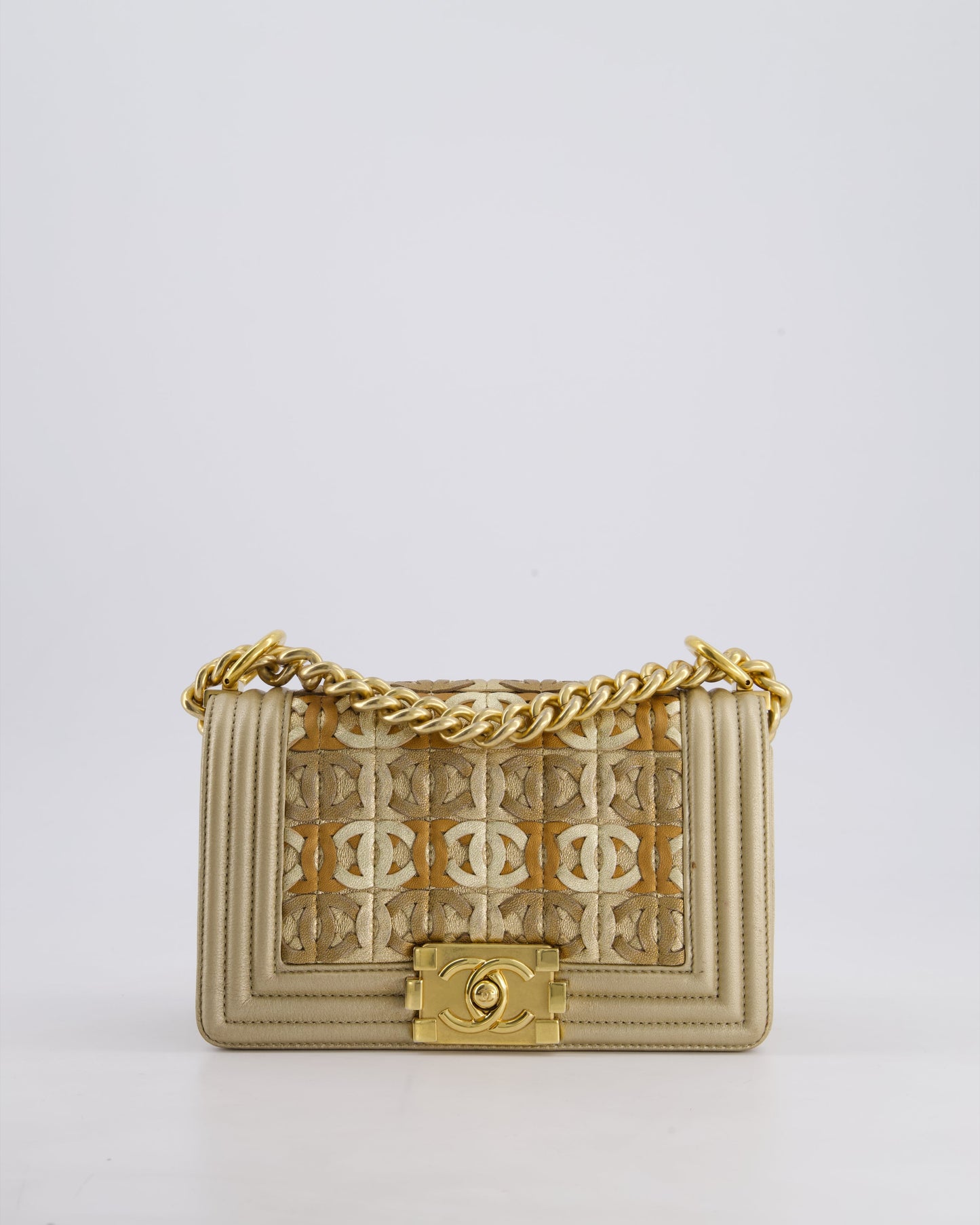 *LIMITED EDITION* Chanel Gold Metallic Small Boy Bag In Calfskin Leather with Antique Gold Hardware & CC Details