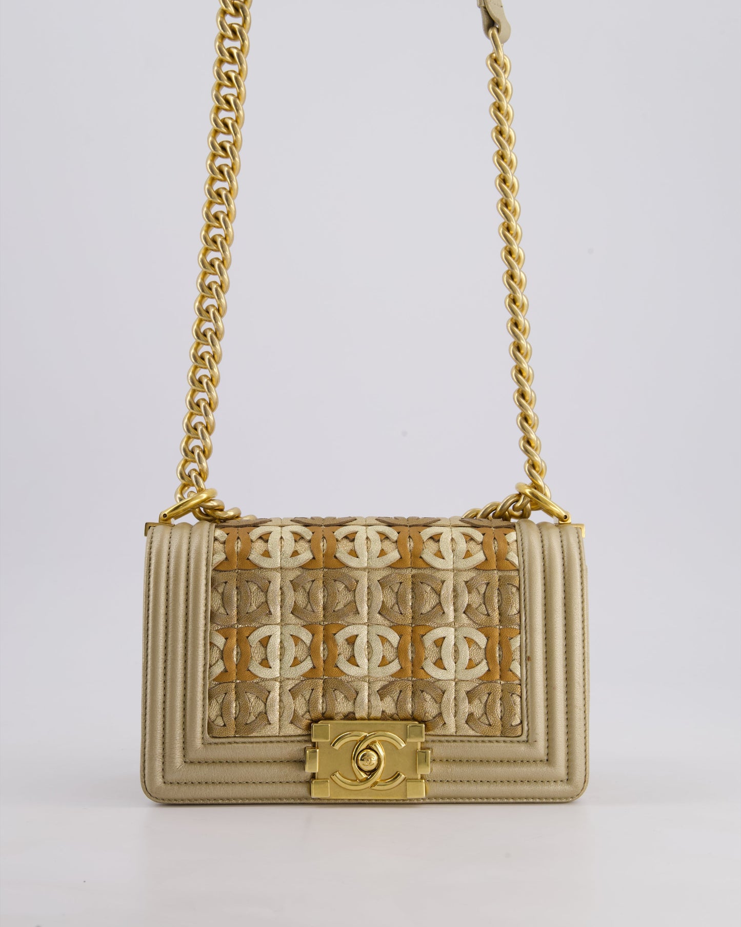 *LIMITED EDITION* Chanel Gold Metallic Small Boy Bag In Calfskin Leather with Antique Gold Hardware & CC Details