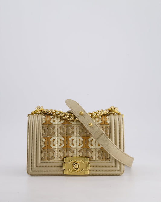 *LIMITED EDITION* Chanel Gold Metallic Small Boy Bag In Calfskin Leather with Antique Gold Hardware & CC Details