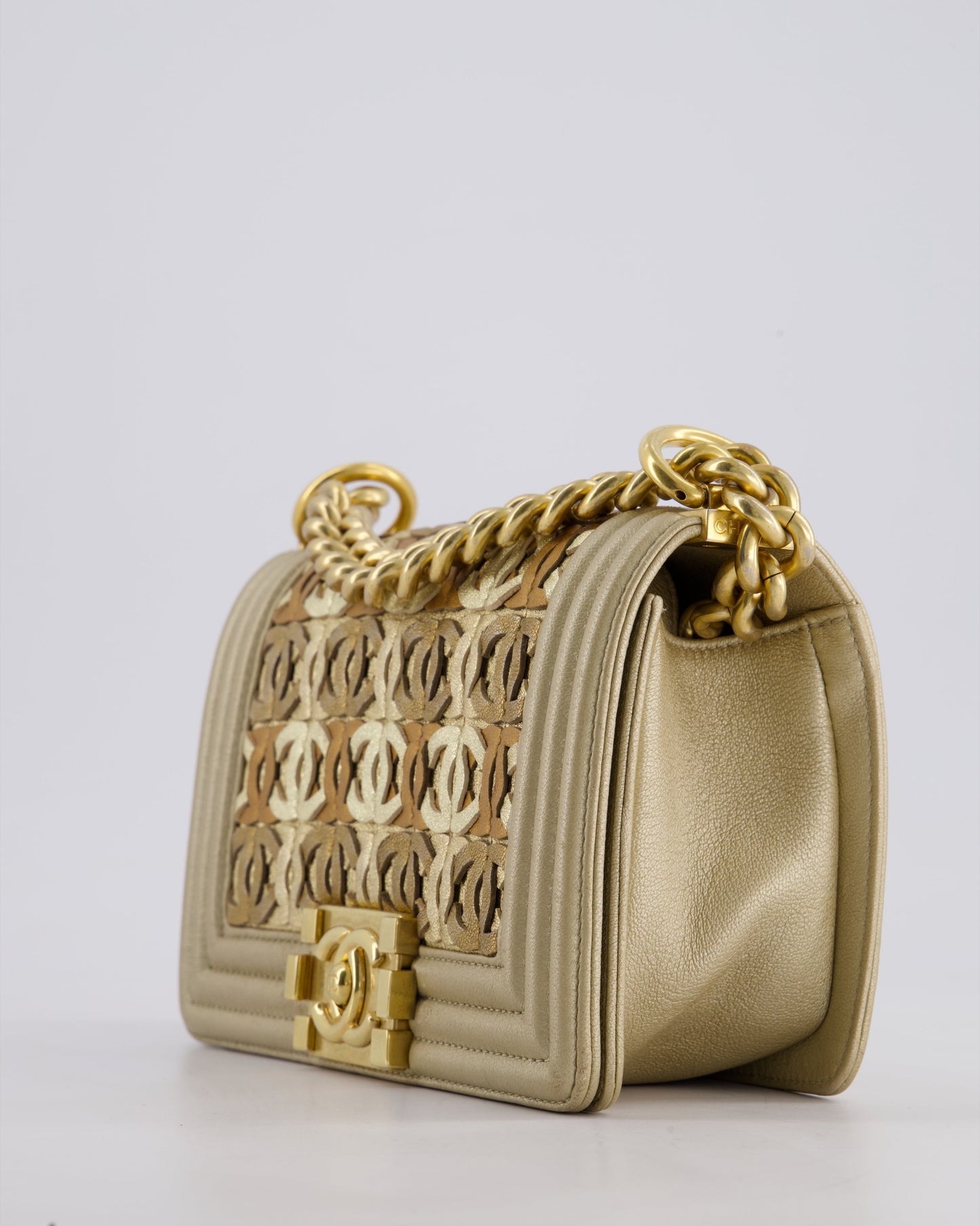 *LIMITED EDITION* Chanel Gold Metallic Small Boy Bag In Calfskin Leather with Antique Gold Hardware & CC Details
