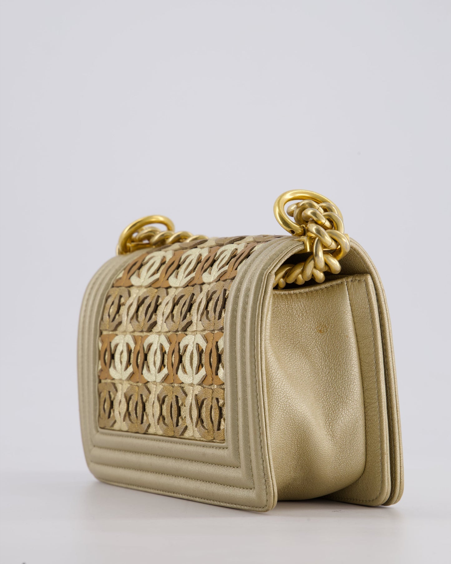 *LIMITED EDITION* Chanel Gold Metallic Small Boy Bag In Calfskin Leather with Antique Gold Hardware & CC Details
