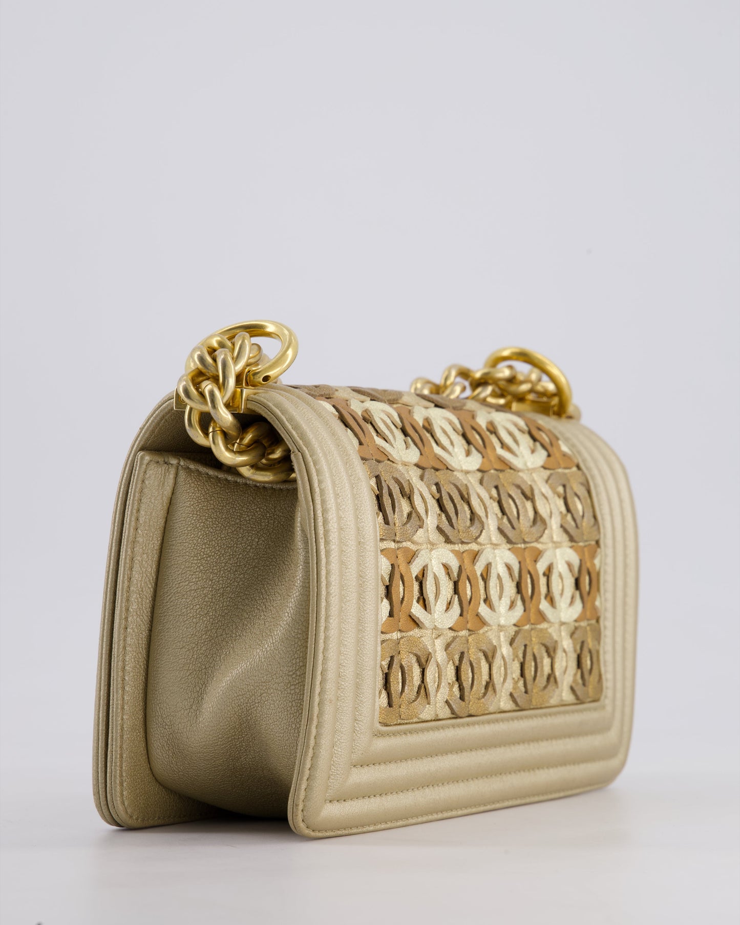 *LIMITED EDITION* Chanel Gold Metallic Small Boy Bag In Calfskin Leather with Antique Gold Hardware & CC Details