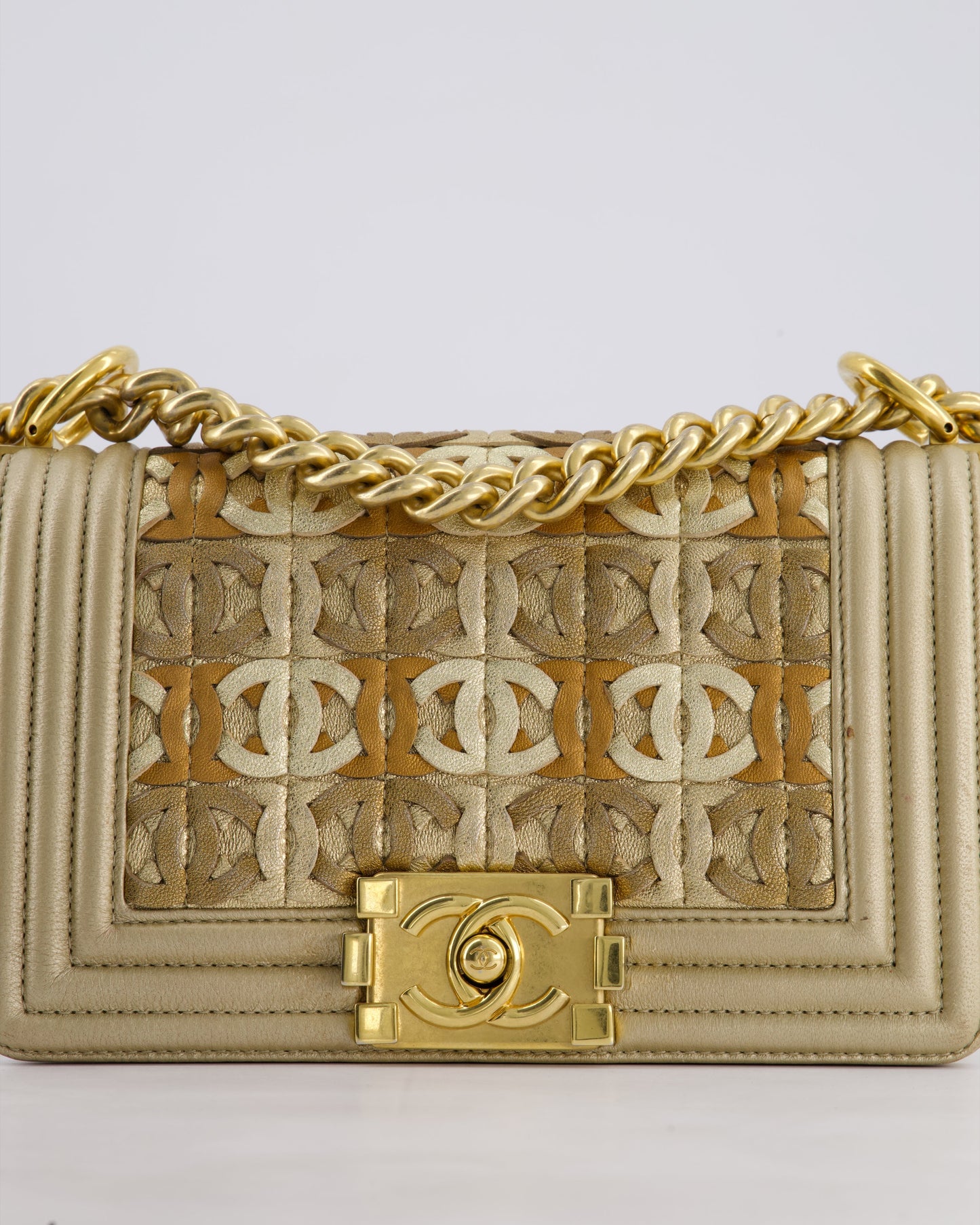 *LIMITED EDITION* Chanel Gold Metallic Small Boy Bag In Calfskin Leather with Antique Gold Hardware & CC Details