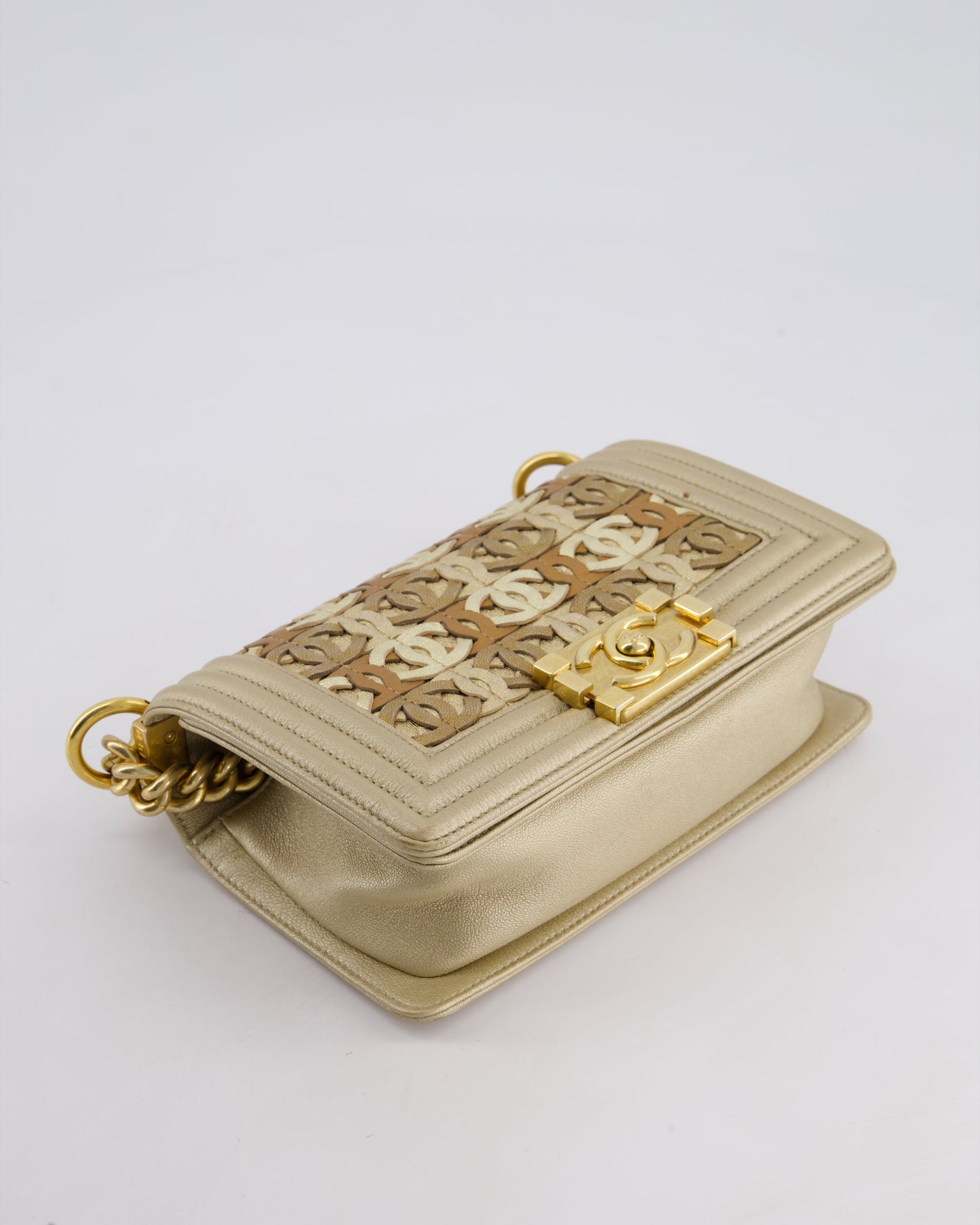 *LIMITED EDITION* Chanel Gold Metallic Small Boy Bag In Calfskin Leather with Antique Gold Hardware & CC Details