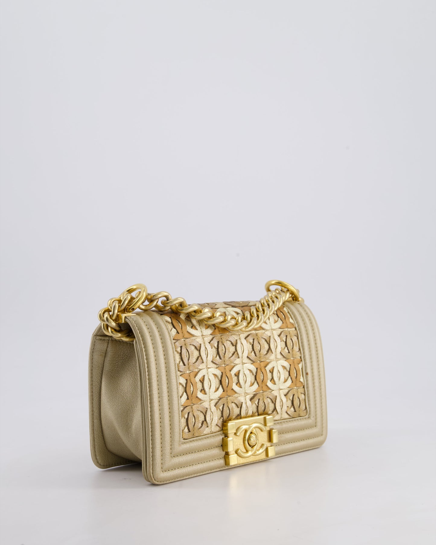 *LIMITED EDITION* Chanel Gold Metallic Small Boy Bag In Calfskin Leather with Antique Gold Hardware & CC Details