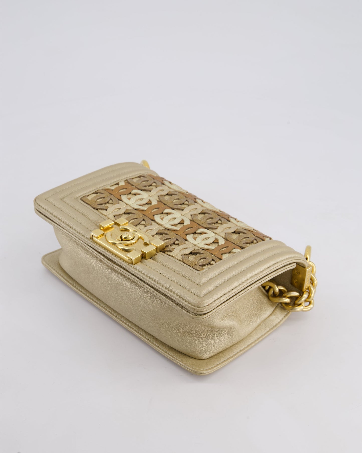 *LIMITED EDITION* Chanel Gold Metallic Small Boy Bag In Calfskin Leather with Antique Gold Hardware & CC Details