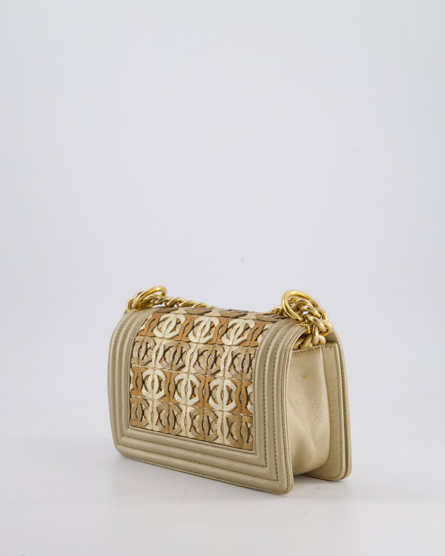 *LIMITED EDITION* Chanel Gold Metallic Small Boy Bag In Calfskin Leather with Antique Gold Hardware & CC Details