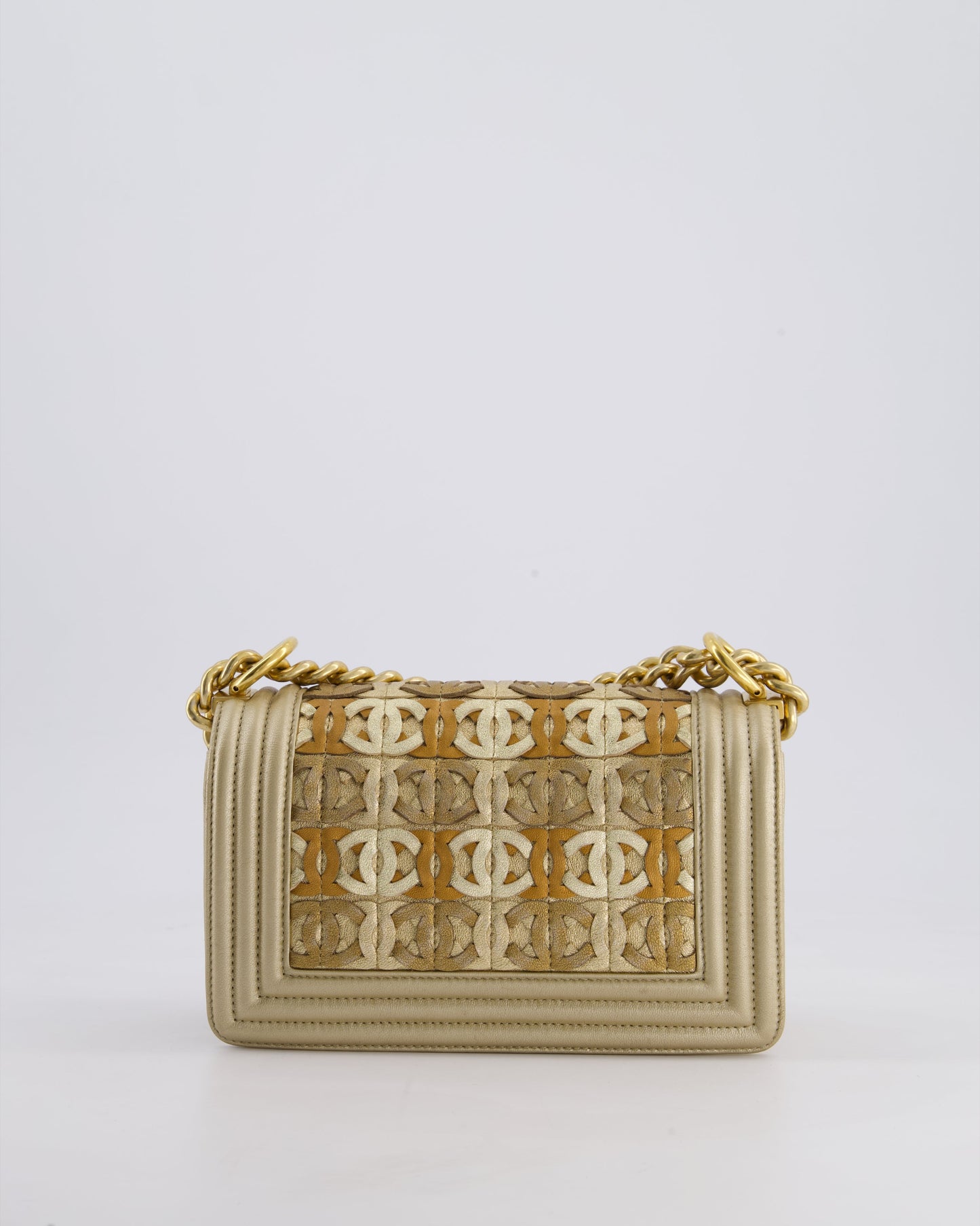 *LIMITED EDITION* Chanel Gold Metallic Small Boy Bag In Calfskin Leather with Antique Gold Hardware & CC Details