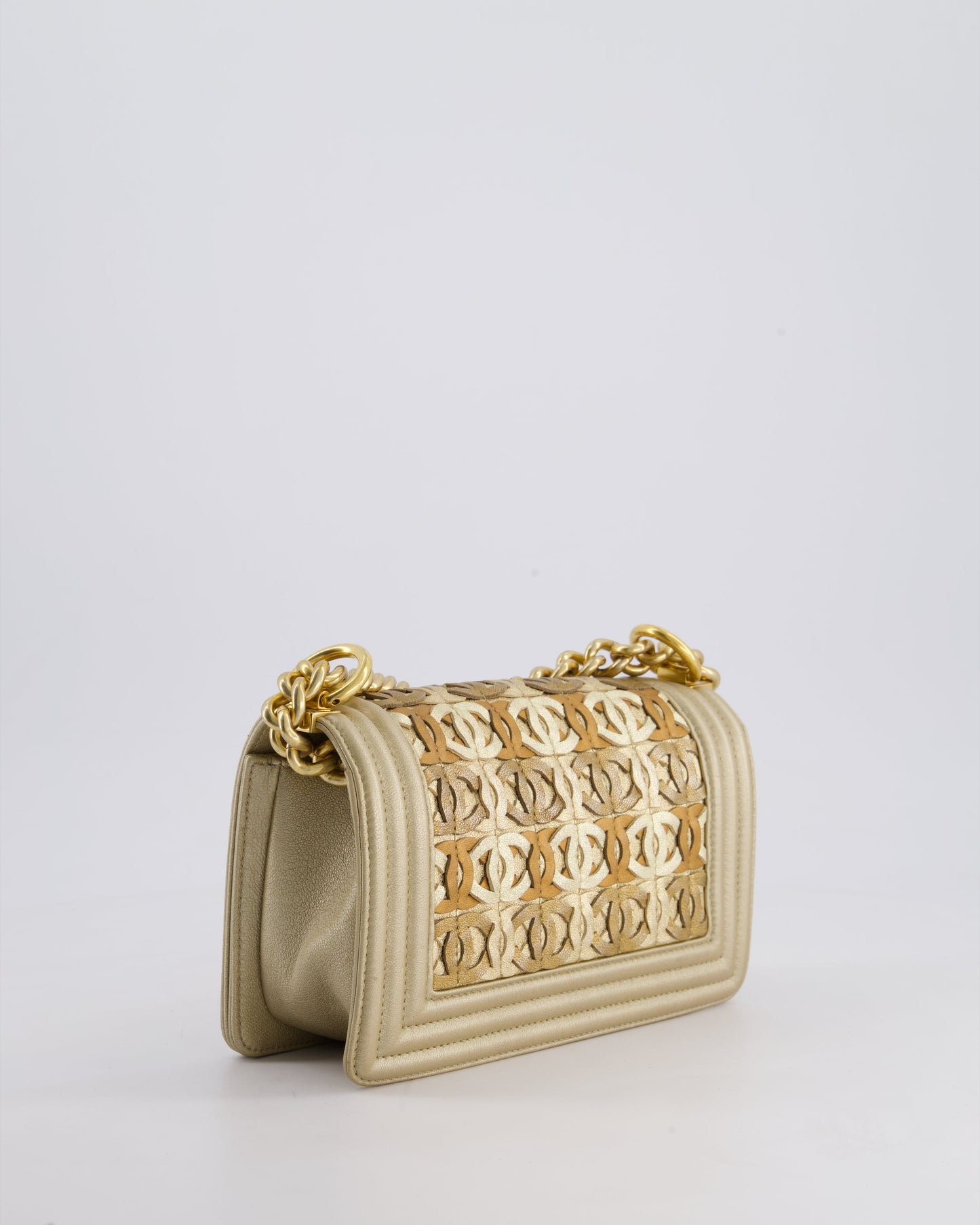 *LIMITED EDITION* Chanel Gold Metallic Small Boy Bag In Calfskin Leather with Antique Gold Hardware & CC Details