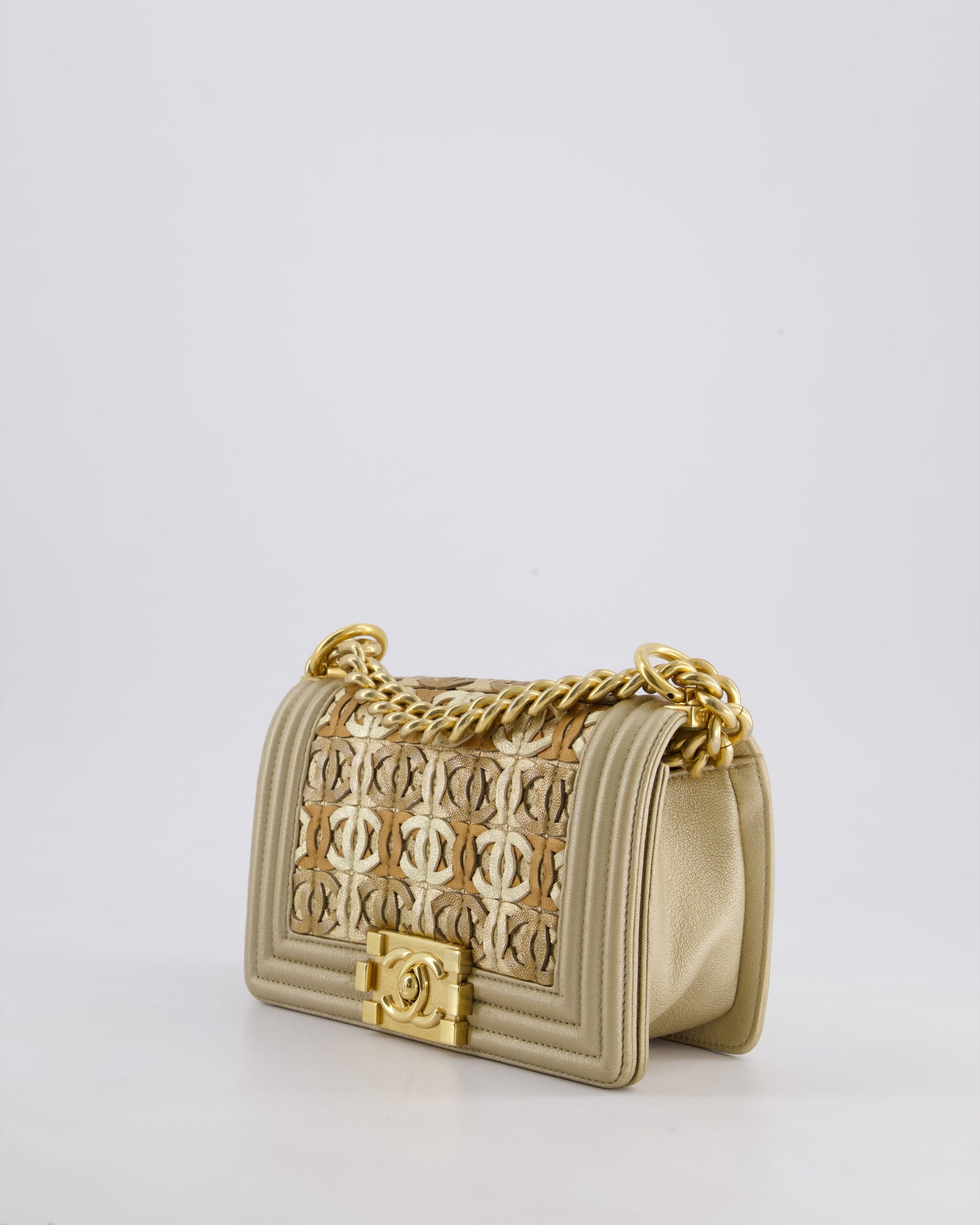 *LIMITED EDITION* Chanel Gold Metallic Small Boy Bag In Calfskin Leather with Antique Gold Hardware & CC Details