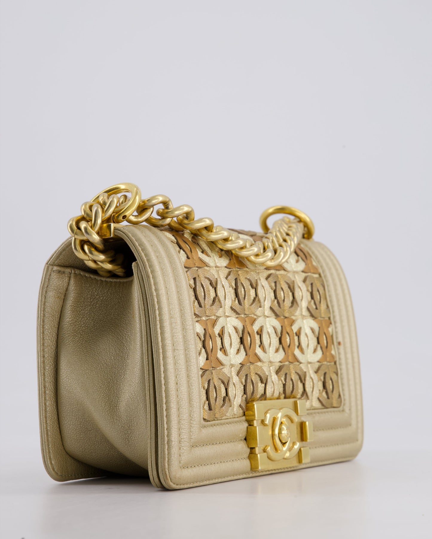 *LIMITED EDITION* Chanel Gold Metallic Small Boy Bag In Calfskin Leather with Antique Gold Hardware & CC Details