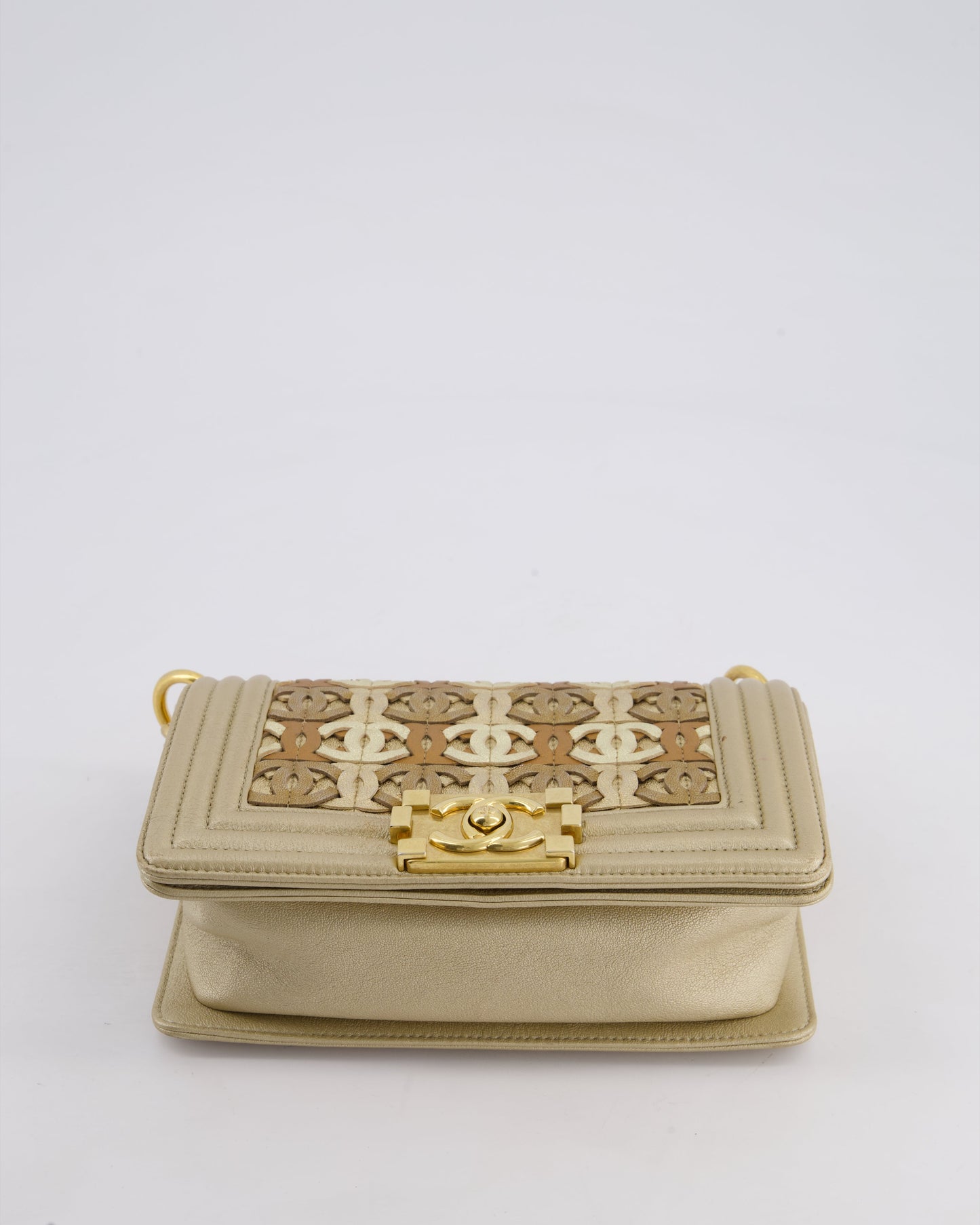 *LIMITED EDITION* Chanel Gold Metallic Small Boy Bag In Calfskin Leather with Antique Gold Hardware & CC Details