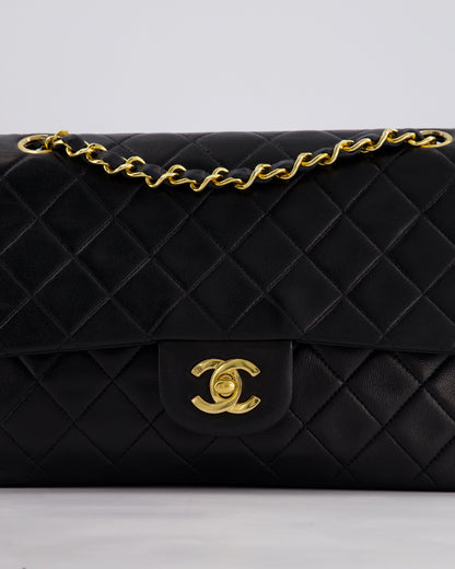 Chanel Vintage Black Classic Medium Double Flap Bag in Lambskin Leather with 24k Gold Hardware